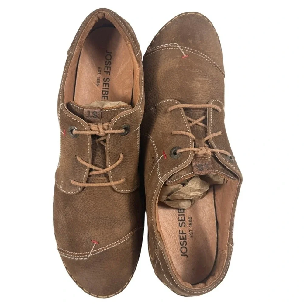 Josef Seibel Mens Brown Leather Lace Up Oxford Shoes Contrast Stitch Size 42